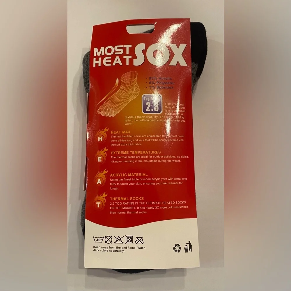 Most Heat Sox Thermal‎ Insulated Socks Gray Black 2.3 TOG Rating Size 9-13 NEW